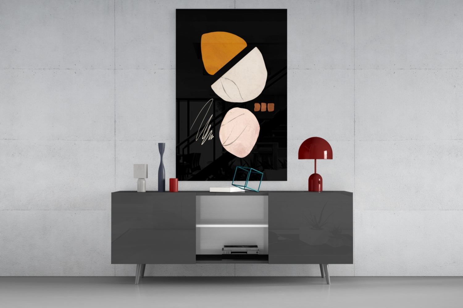 Abstract acorn glass wall art with orange and cream shapes displayed above gray media console in modern interior setting.