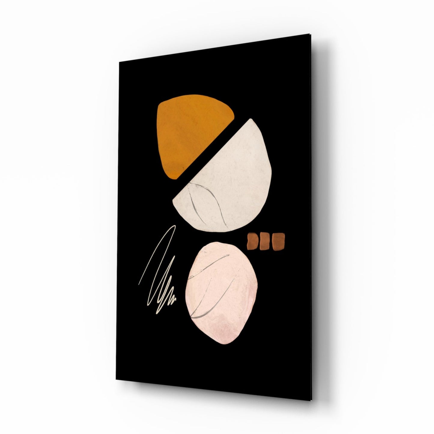 Angled view of black glass panel displaying abstract acorn design in orange, cream, and pink with decorative line elements.