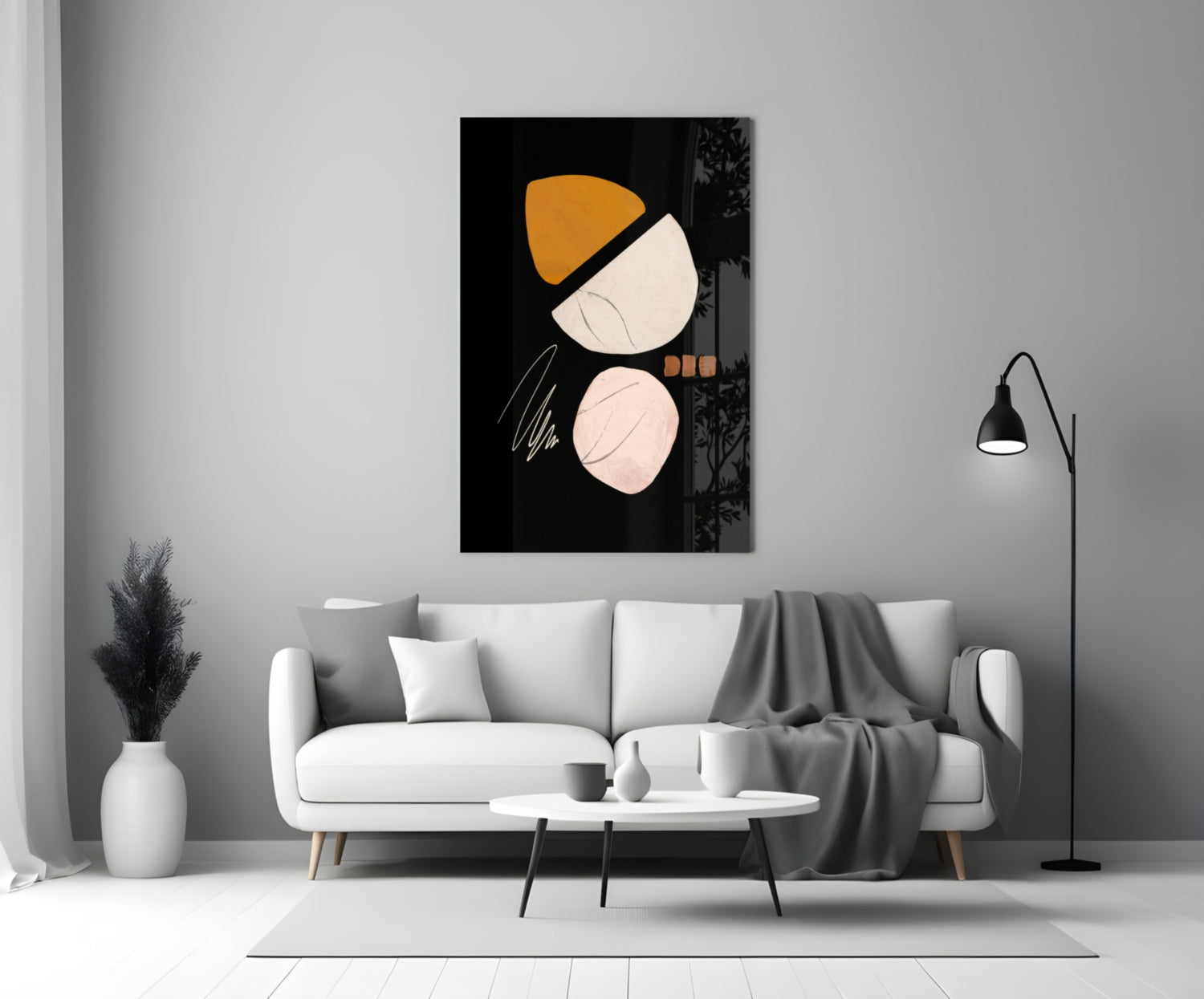 Abstract Acorn Glass Wall Art displayed above white sofa in minimalist living room with black and gold geometric design.