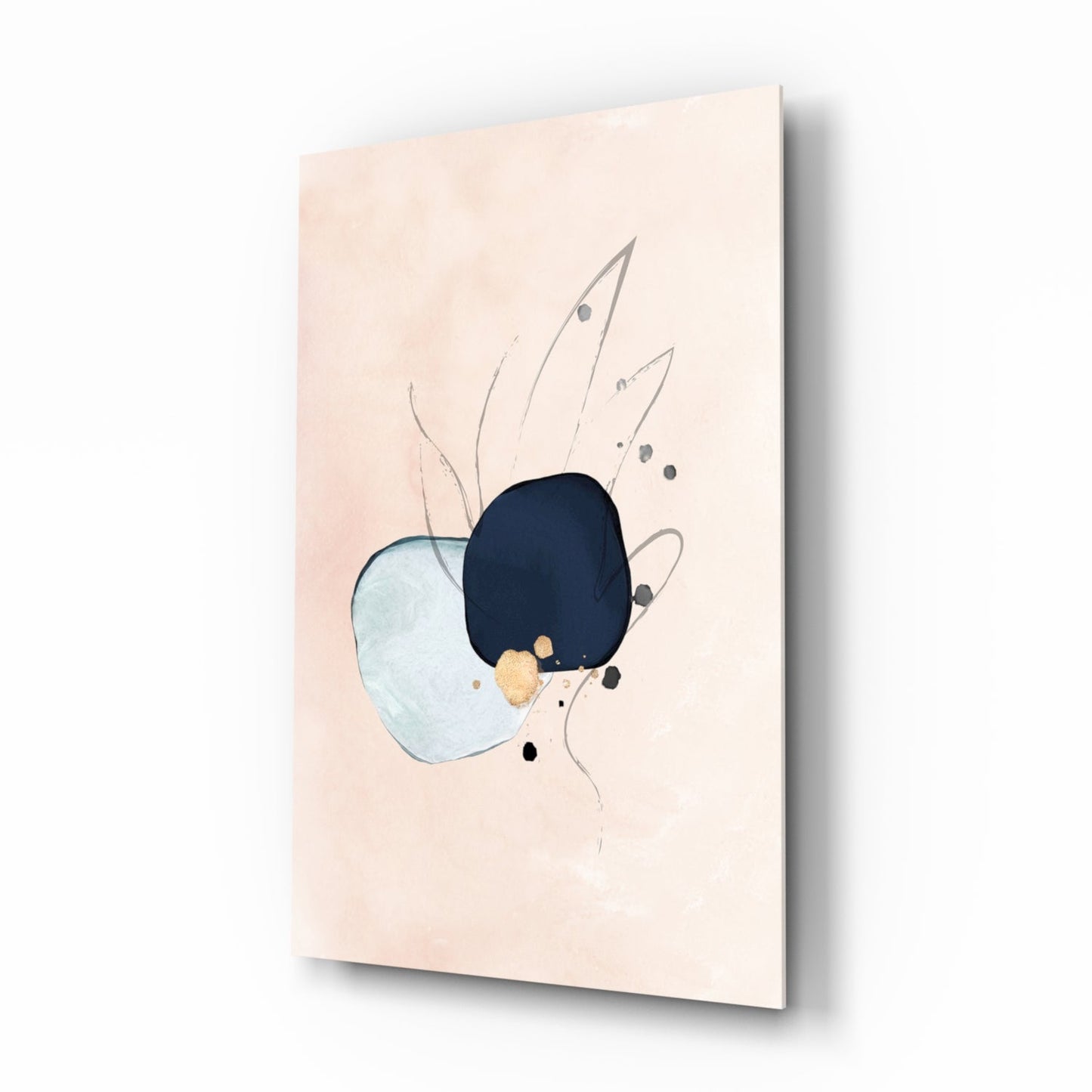 Abstract glass wall art featuring overlapping blue and light blue shapes with gold accents and thin line details on cream background, angled perspective view.