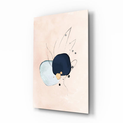 Abstract glass wall art featuring overlapping blue and light blue shapes with gold accents and thin line details on cream background, angled perspective view.