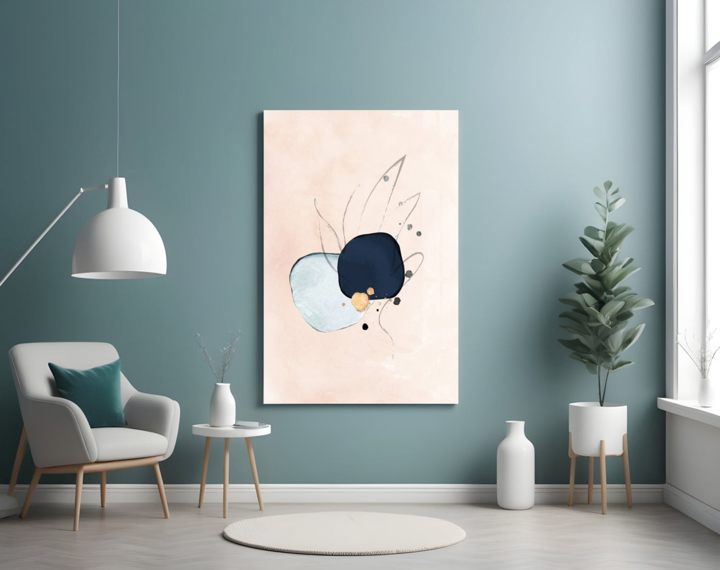 Modern interior room with abstract wall art featuring blue, navy, and gold circular shapes with line details on cream canvas, displayed above white furniture.