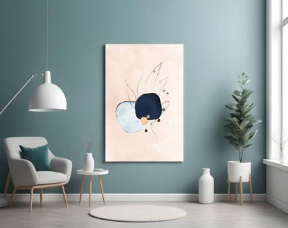 Modern interior room with abstract wall art featuring blue, navy, and gold circular shapes with line details on cream canvas, displayed above white furniture.