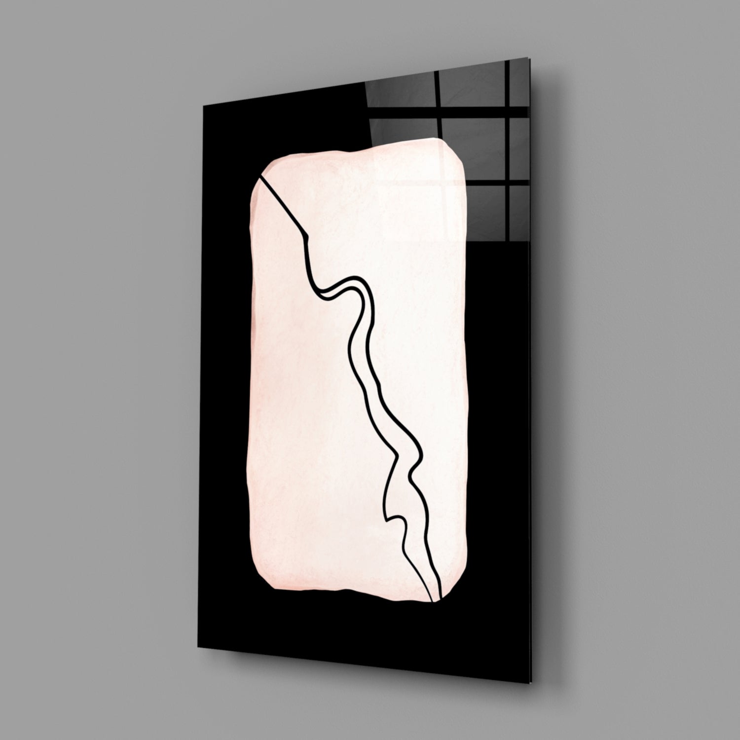 Three-dimensional perspective view of black-framed glass wall art with cream-colored center and black wavy line design.