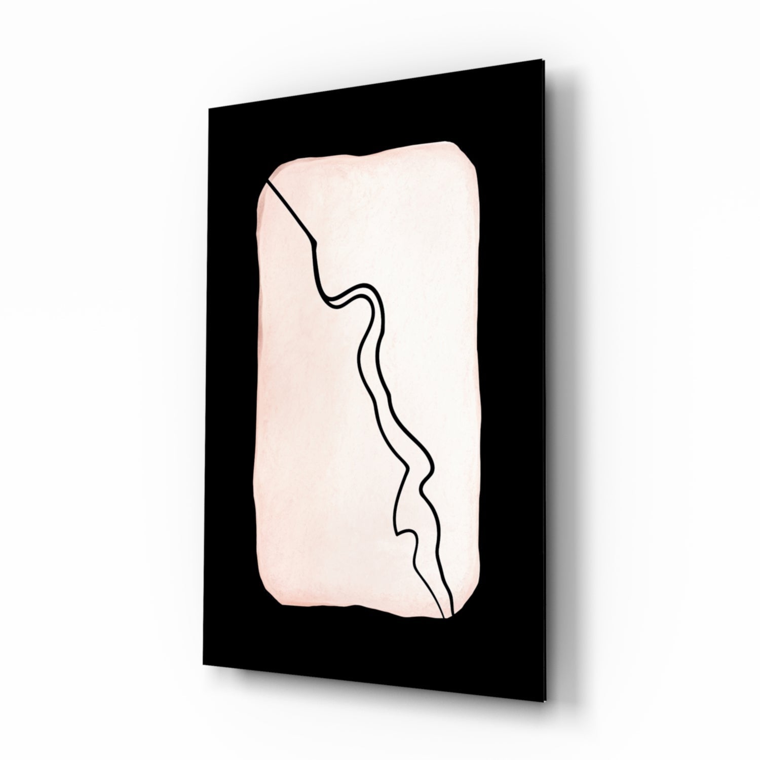 Black-framed glass wall art with cream background and black wavy line design, angled perspective view.