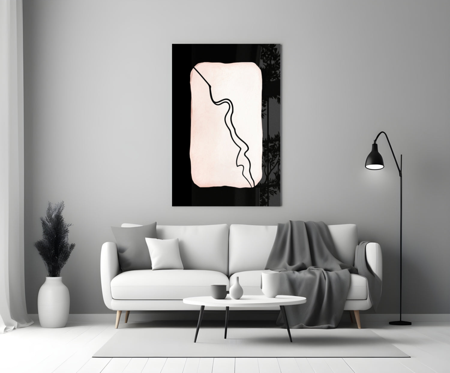 Abstract Distinction Glass Wall Art displayed above a white sofa in a minimalist living room interior.