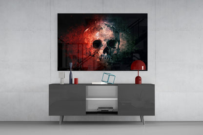 Red Glow Grunge Skull Glass Wall Art