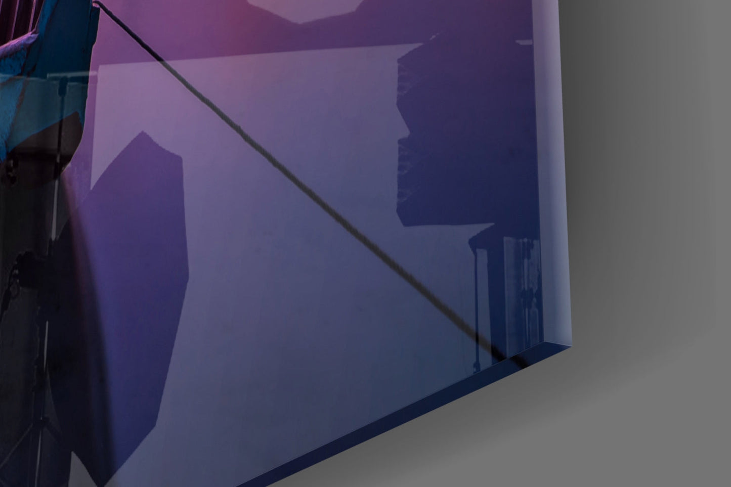 Glass wall art displaying a twilight cityscape with purple and blue gradient tones, diagonal architectural elements, and a staircase silhouette, mounted at an angle.