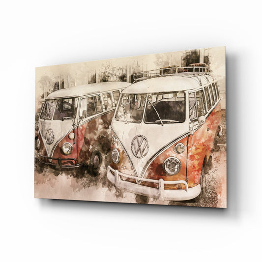 Three Volkswagen camper vans in watercolor style with rust-orange and cream colors displayed on angled glass canvas.