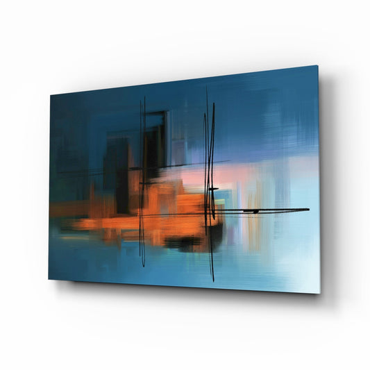 Abstract glass wall art panel with blue and orange tones, black linear marks, displayed at an angle showing depth and reflection.