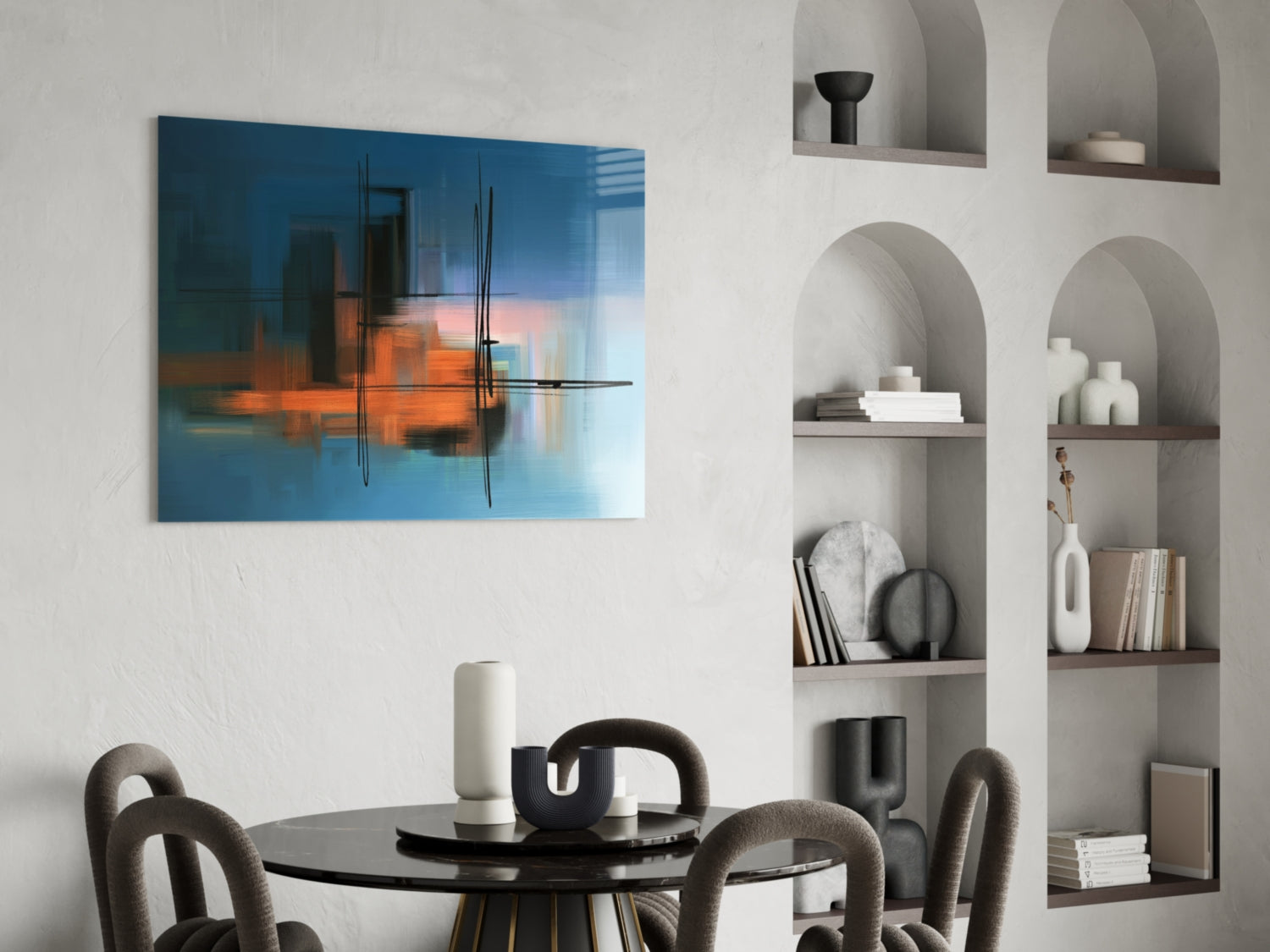 Abstract Silhouette Glass Wall Art displaying blue and orange cityscape reflection mounted above dining table in modern interior setting.