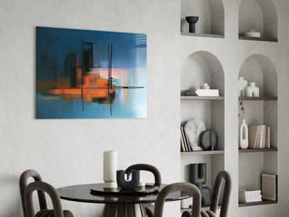 Abstract Silhouette Glass Wall Art displaying blue and orange cityscape reflection mounted above dining table in modern interior setting.