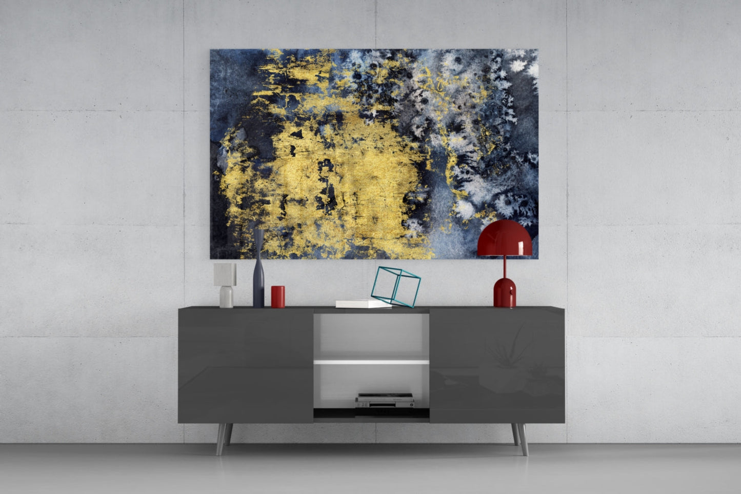 Gold Leaf On Navy Ink Texture Glass Wall Art