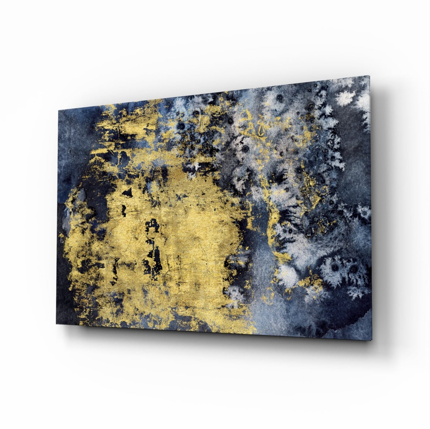 Gold Leaf On Navy Ink Texture Glass Wall Art