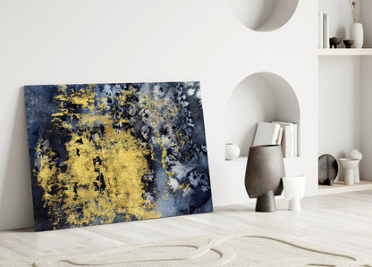 Gold Leaf On Navy Ink Texture Glass Wall Art