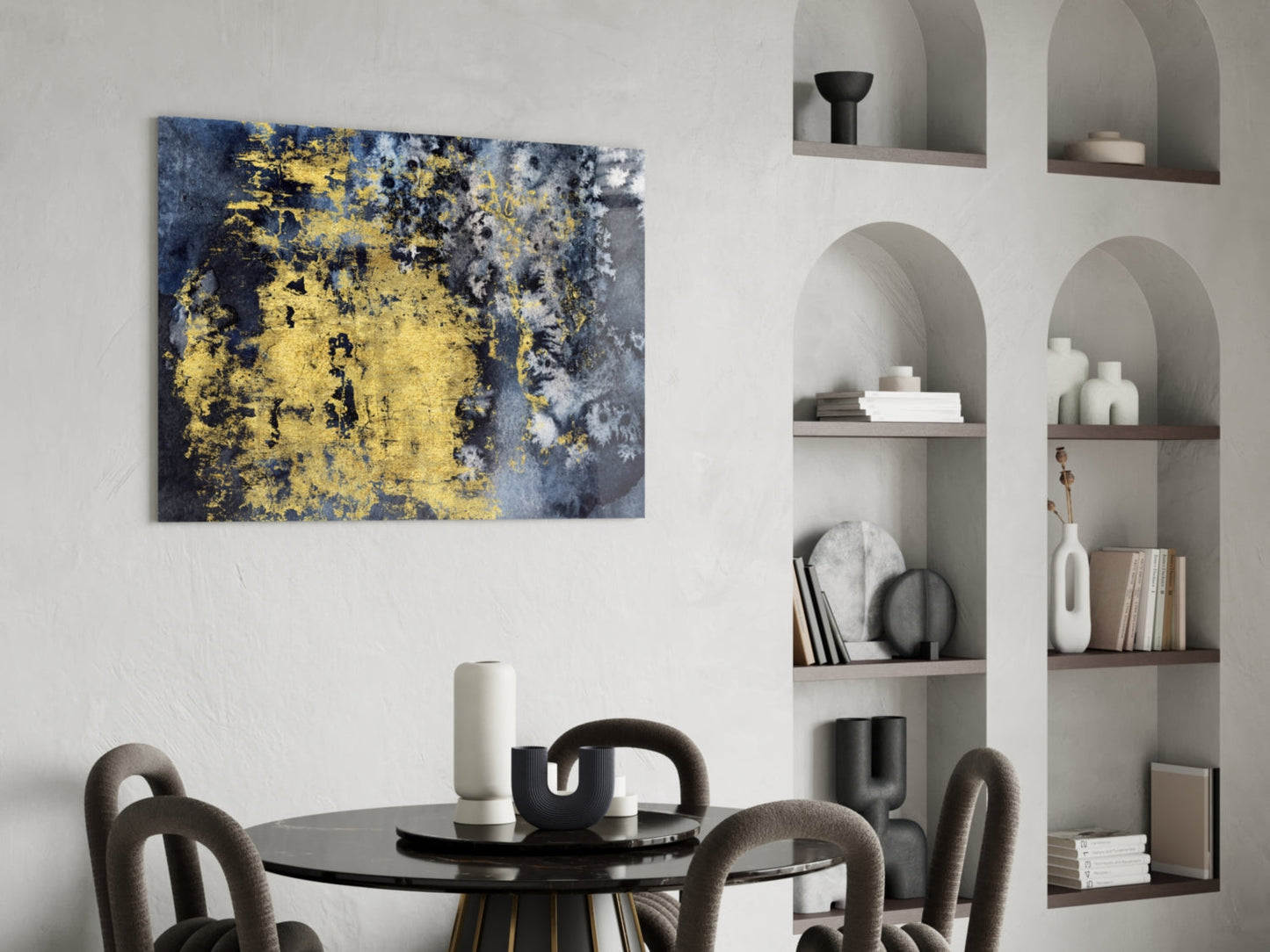 Gold Leaf On Navy Ink Texture Glass Wall Art