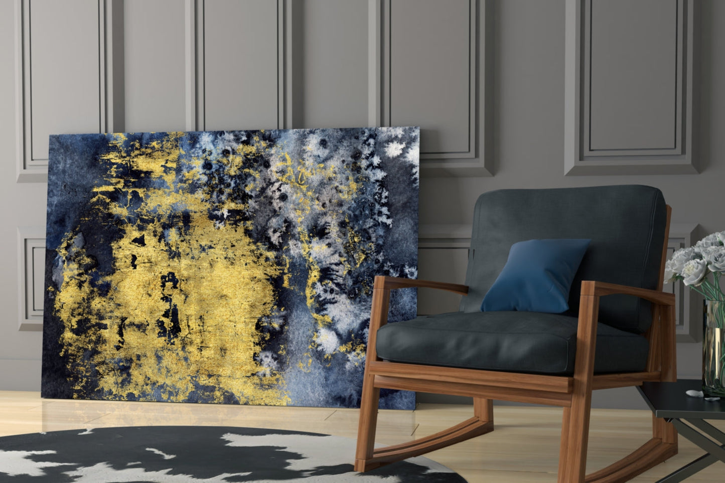 Gold Leaf On Navy Ink Texture Glass Wall Art
