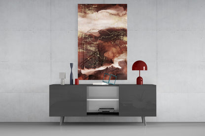 Abstract Earth Glass Wall Art displayed above a dark gray media console, showing brown, cream, and gold tones with textured layered design.
