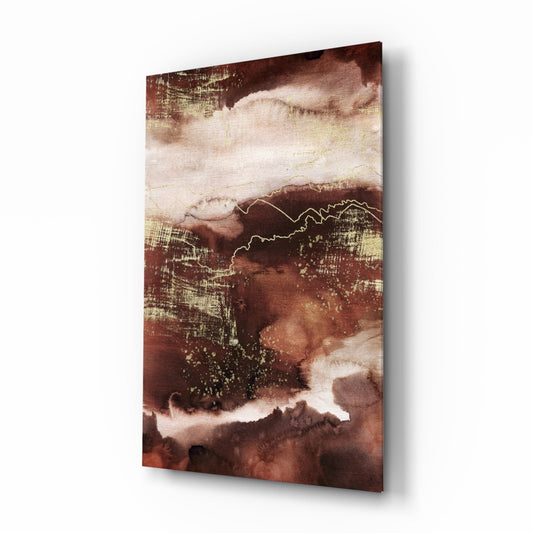 Abstract glass wall art with warm earth tones, gold accents, and textured surface displayed at angled perspective.