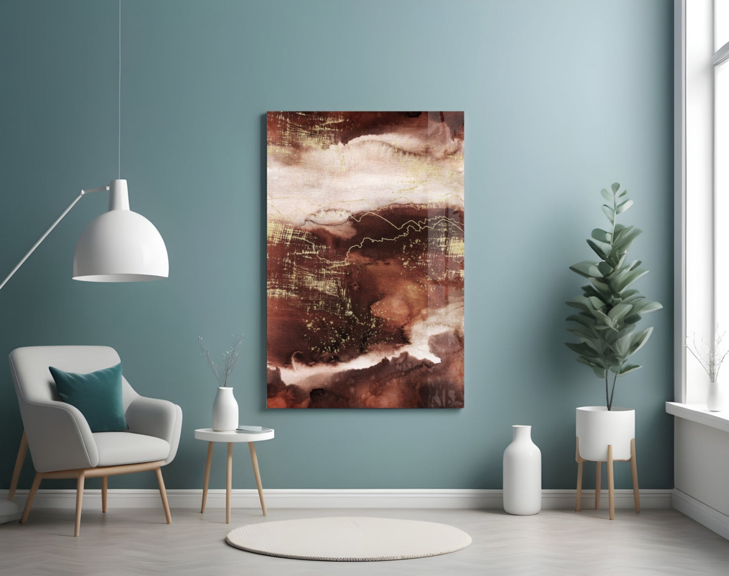 Abstract Earth Glass Wall Art displaying rust, cream, and brown tones hung in modern room with teal walls and white furnishings.