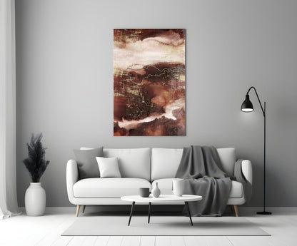Abstract Earth Glass Wall Art in warm brown and cream tones displayed above a white sofa in a modern living room.