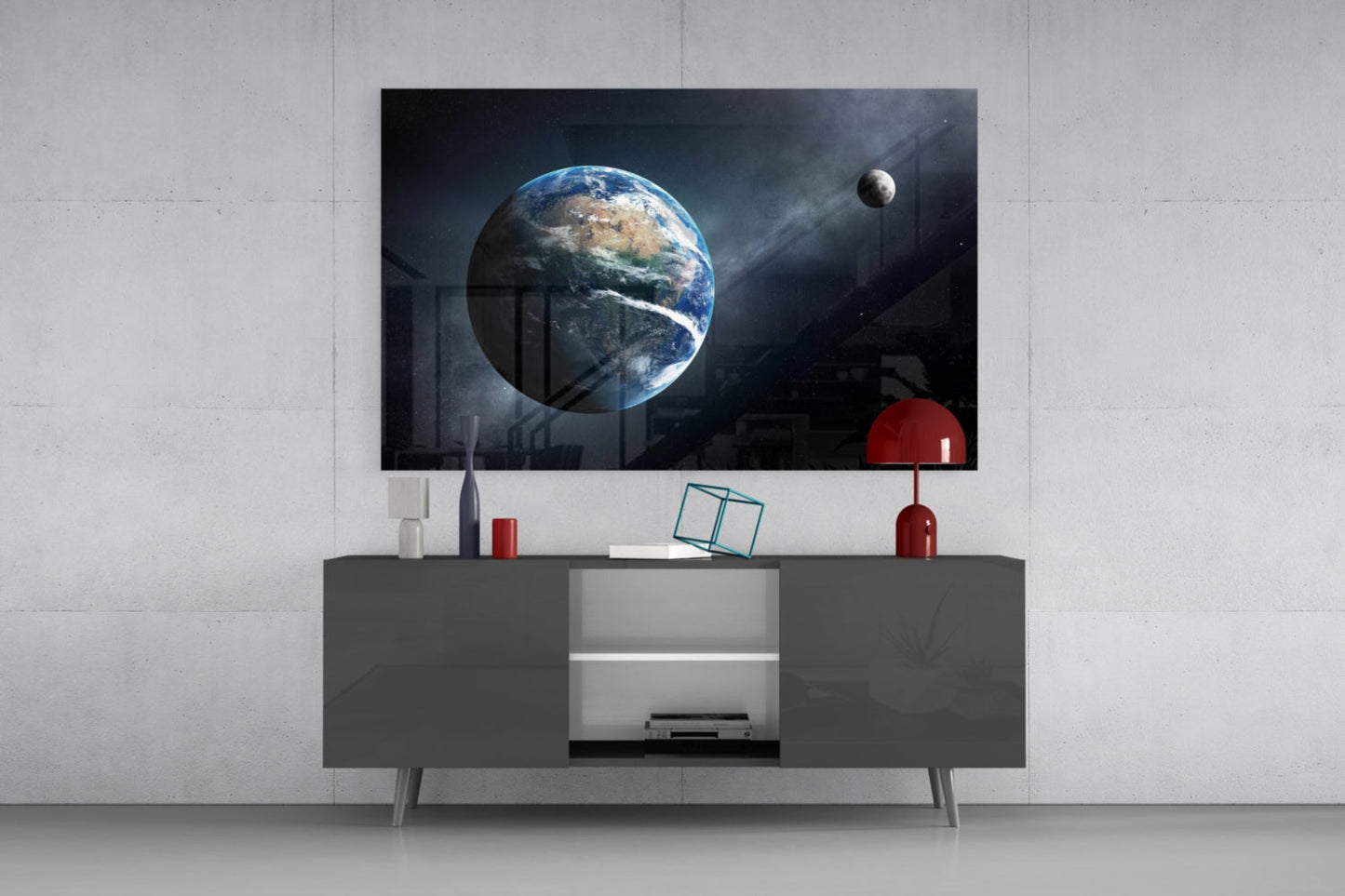 Earth and Moon in Deep Space Glass Wall Art