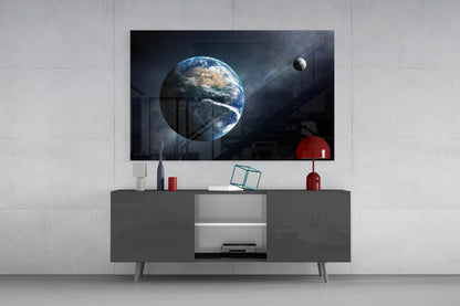 Earth and Moon in Deep Space Glass Wall Art