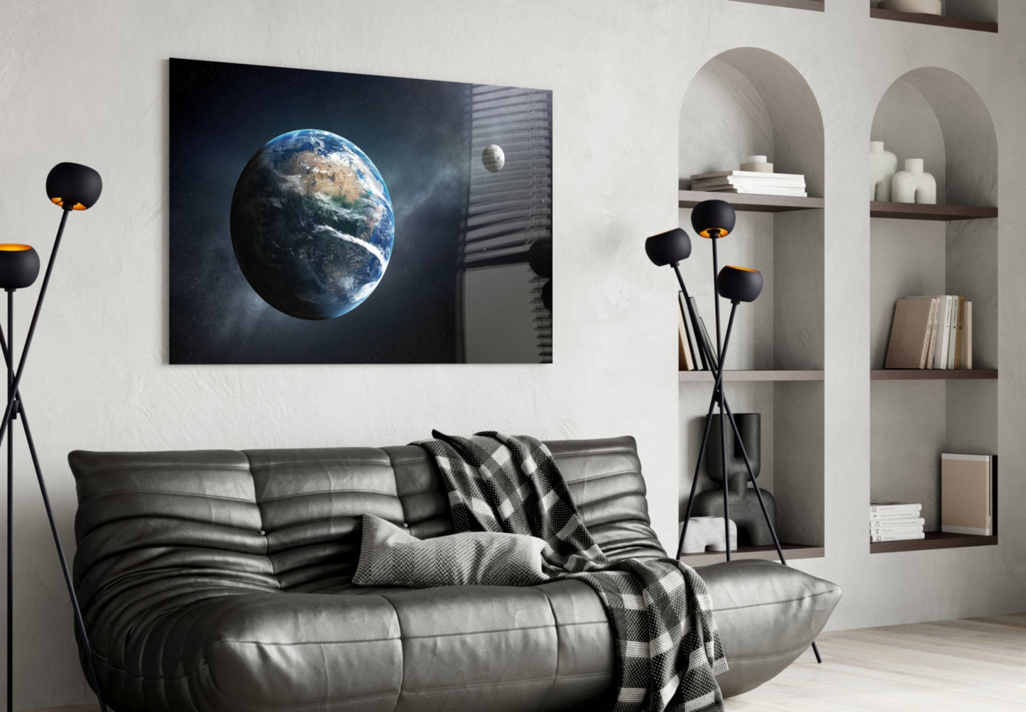 Earth and Moon in Deep Space Glass Wall Art