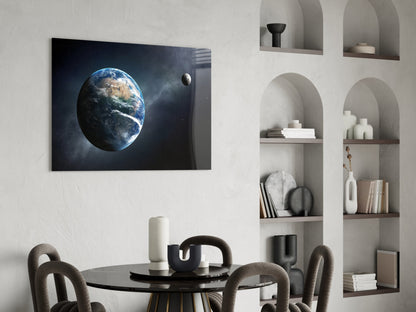 Earth and Moon in Deep Space Glass Wall Art