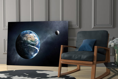 Earth and Moon in Deep Space Glass Wall Art