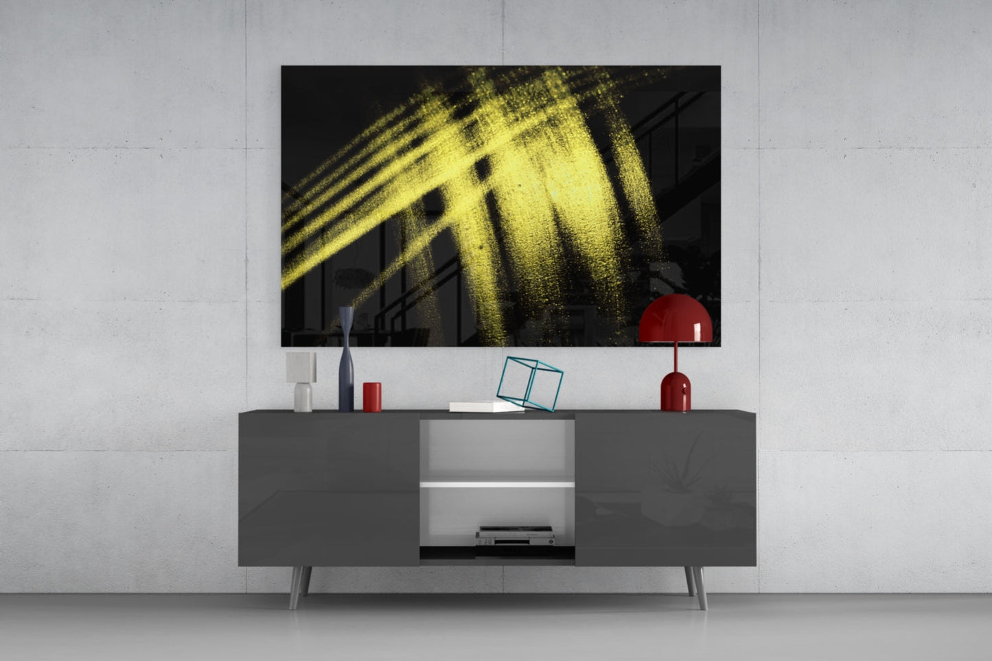 Yellow Lights Glass Wall Art displayed above dark gray media console with red decorative objects and white shelving in modern living room setting.