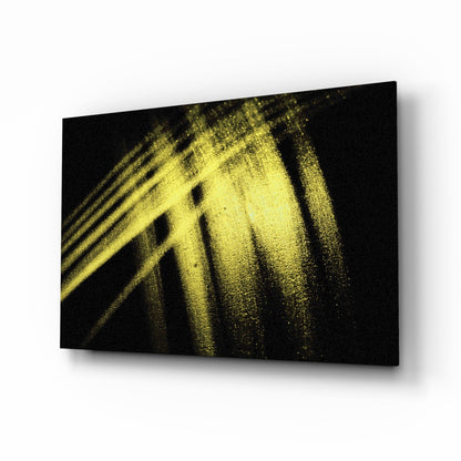 Glass wall art panel displaying yellow architectural lines and window details against a dark background, shown at an angle.