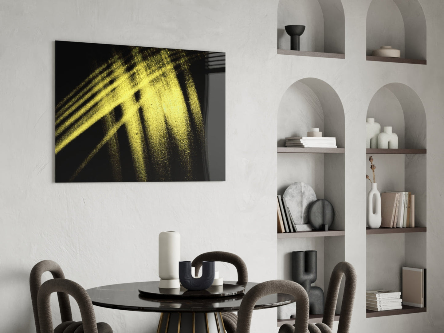 Yellow Lights Glass Wall Art displayed above a black dining table in a modern interior with built-in shelving.