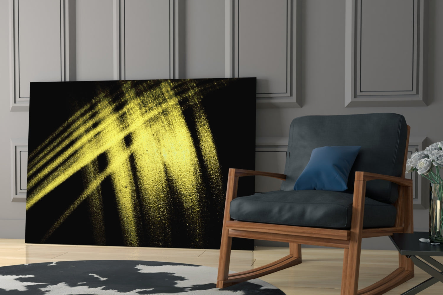 Yellow Lights Glass Wall Art displayed on floor leaning against wall in modern living room setting with mid-century chair.