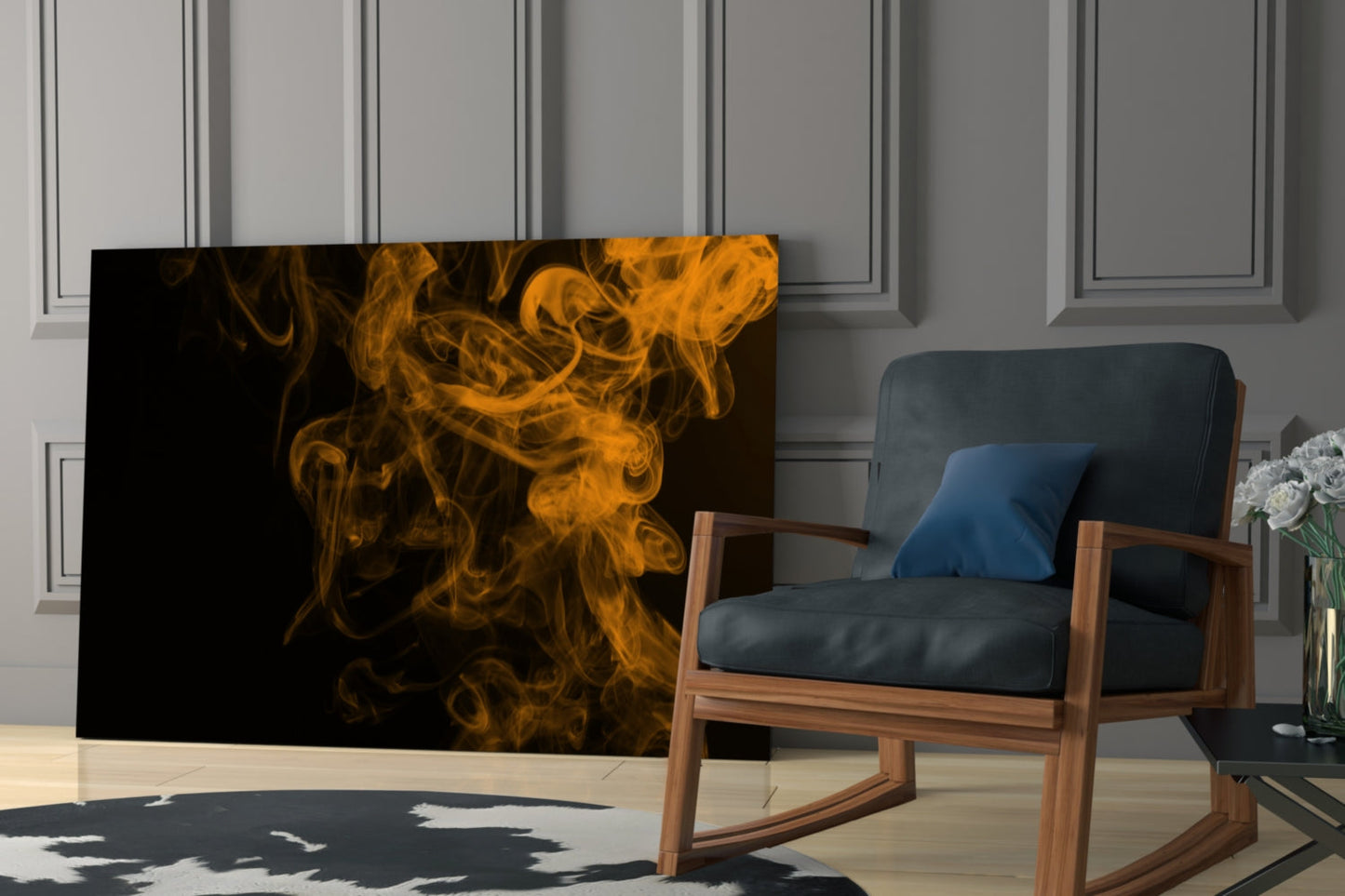 Orange smoke swirling against black background displayed as glass wall art in modern living room with wooden chair.