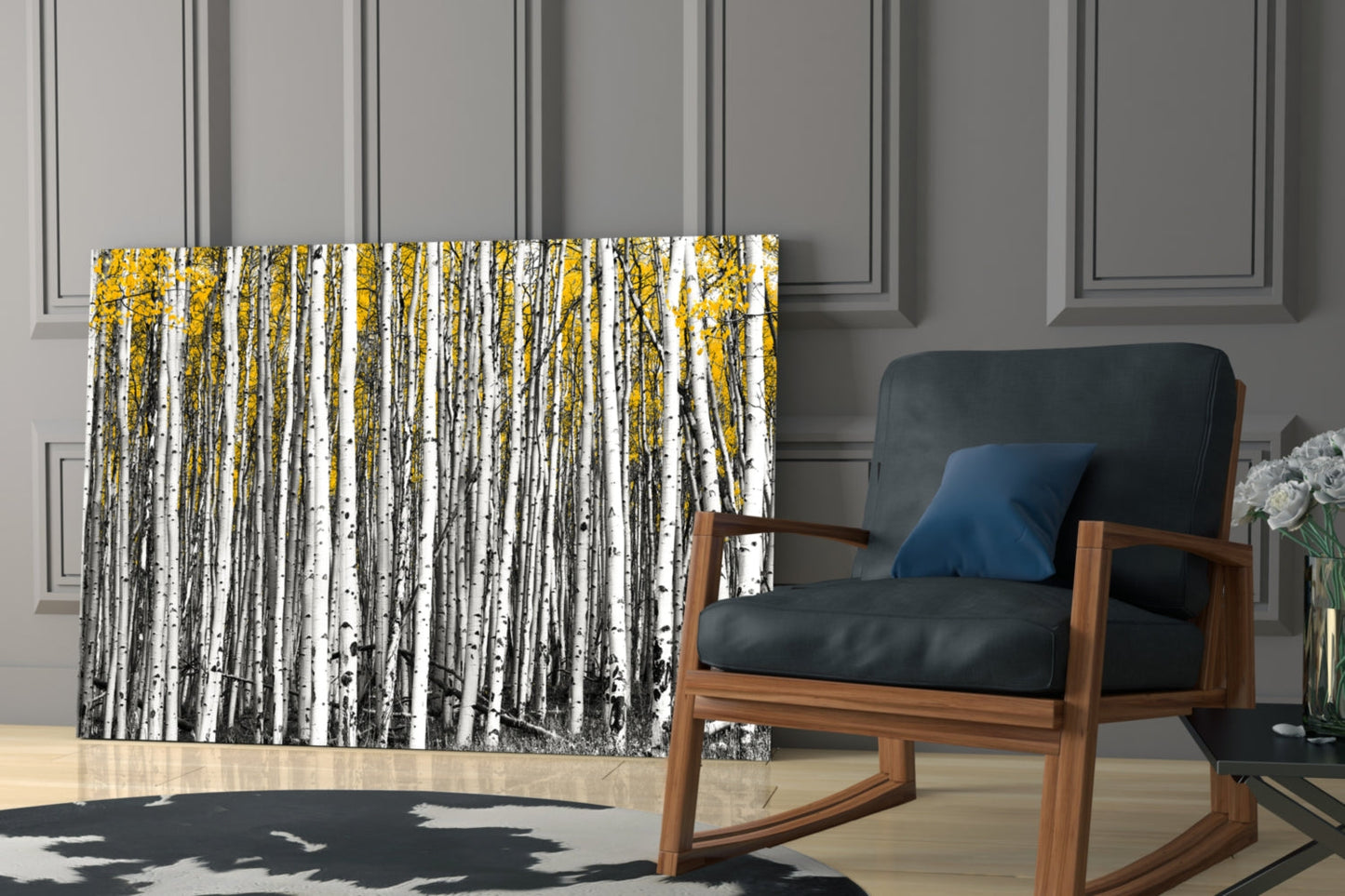 Yellow Forest Glass Wall Art displayed in a modern living room setting next to a wooden chair with blue cushion.