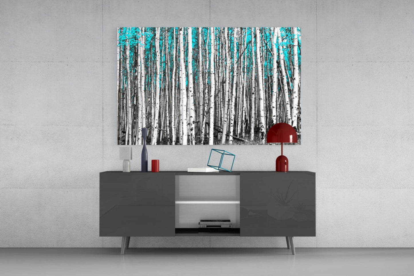 Blue Forest Glass Wall Art featuring birch trees with turquoise sky displayed above gray media console in modern interior setting.