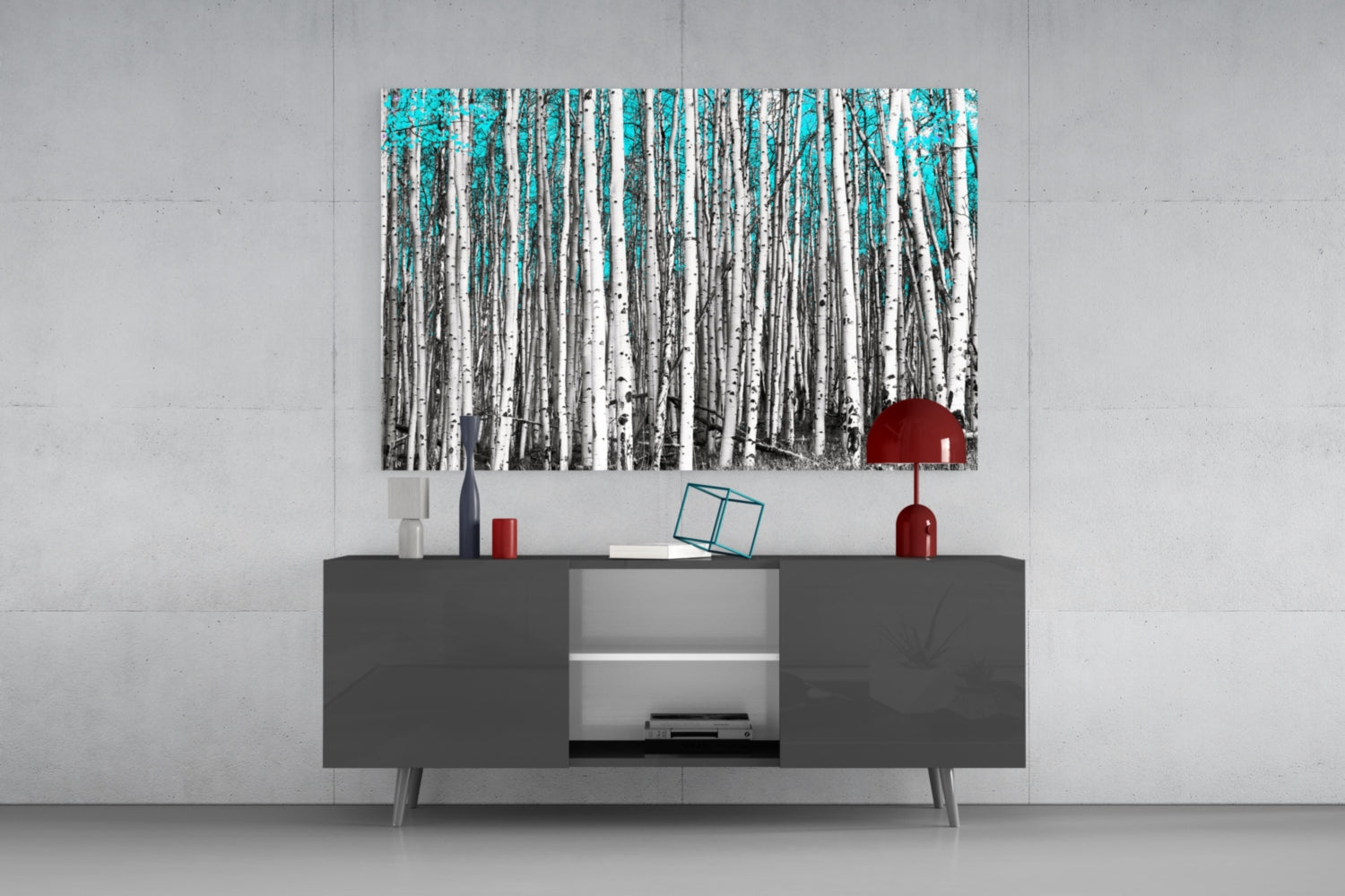 Blue Forest Glass Wall Art featuring birch trees with turquoise sky displayed above gray media console in modern interior setting.