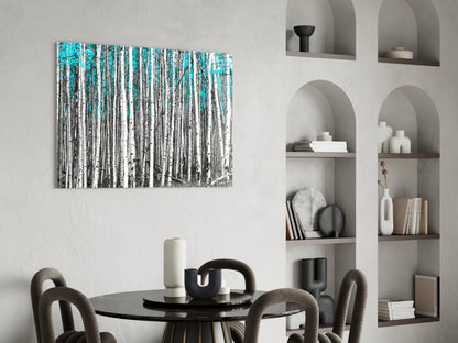 Blue Forest Glass Wall Art displaying birch trees with turquoise sky hung above black round dining table with chairs.