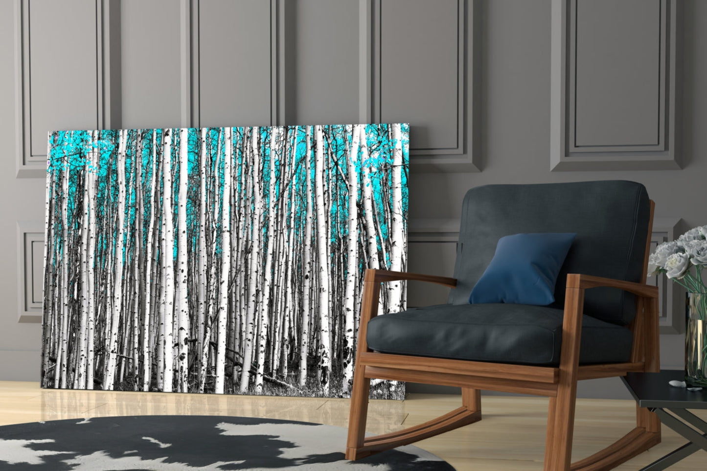 Blue Forest Glass Wall Art displayed behind a wooden-framed chair with black leather cushions in a modern interior setting.