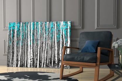 Blue Forest Glass Wall Art displayed behind a wooden-framed chair with black leather cushions in a modern interior setting.