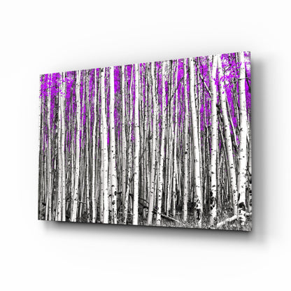 Glass wall art displaying a birch forest with white tree trunks and vibrant magenta foliage against a monochromatic background, angled perspective view.