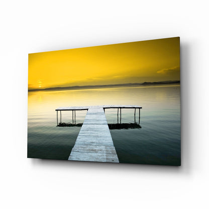 Golden Sunset Wooden Dock Glass Wall Art