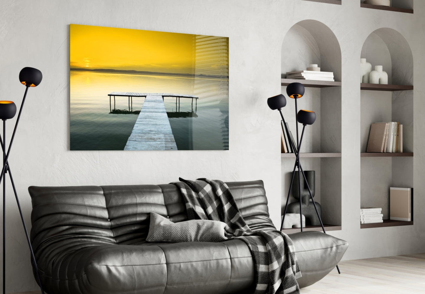 Golden Sunset Wooden Dock Glass Wall Art