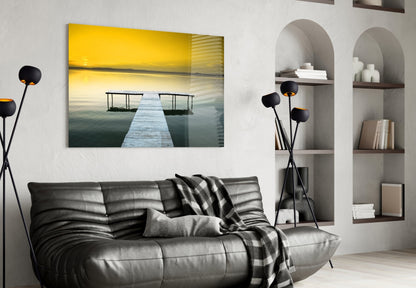 Golden Sunset Wooden Dock Glass Wall Art
