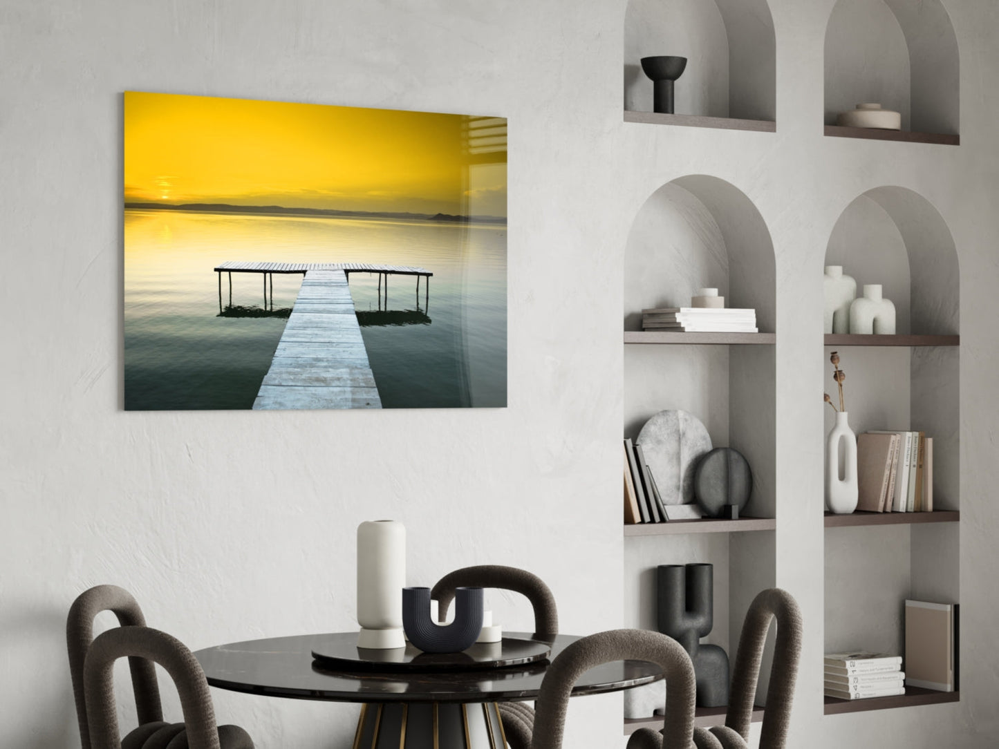 Golden Sunset Wooden Dock Glass Wall Art