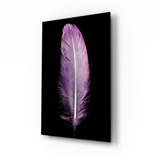 Single purple feather centered vertically on black background, displayed as angled glass panel wall art.