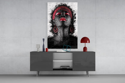 Red Headwrap Woman Ink Splatter Glass Wall Art