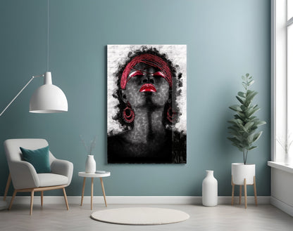 Red Headwrap Woman Ink Splatter Glass Wall Art