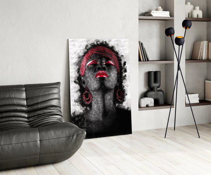 Red Headwrap Woman Ink Splatter Glass Wall Art